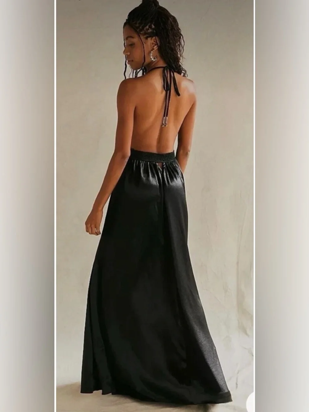 Free People Look Into The Sun Satin Cutouts Halter Gown Maxi Dress Black XS - Picture 2 of 12
